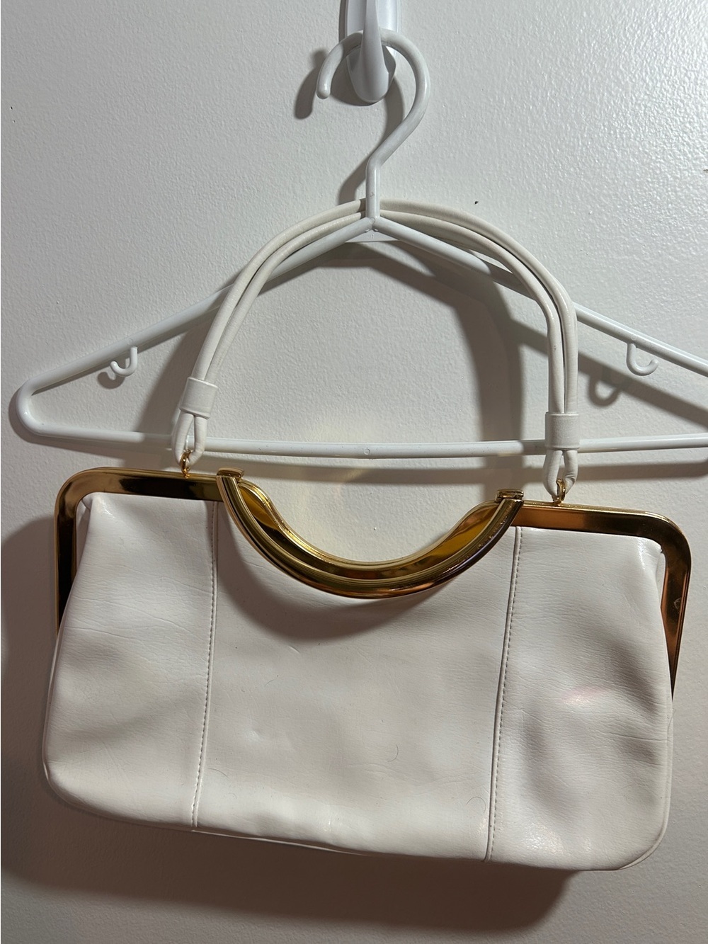 White  faux Leather Shoulder Bag with Gold accents